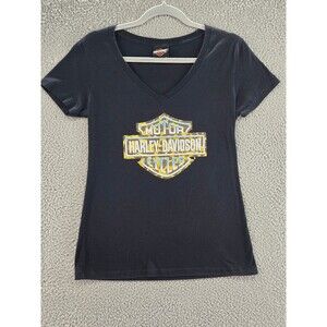 Harley-Davidson Shirt Women's Large Black V-Neck Top Cotton Graphic